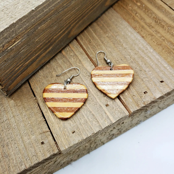 Heart Earrings in Polished Wood - Picture 1 of 2